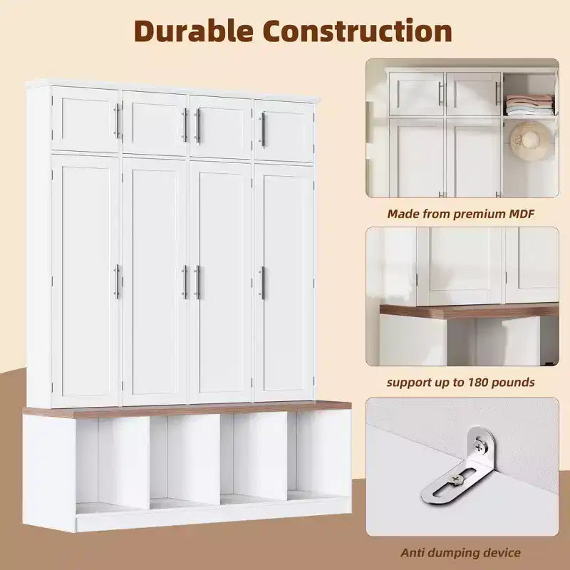 GDFStudio Jessica Farmhouse 4-in-1-Garderobe mit versteckten Haken und Sitzbank mit Stauraum
