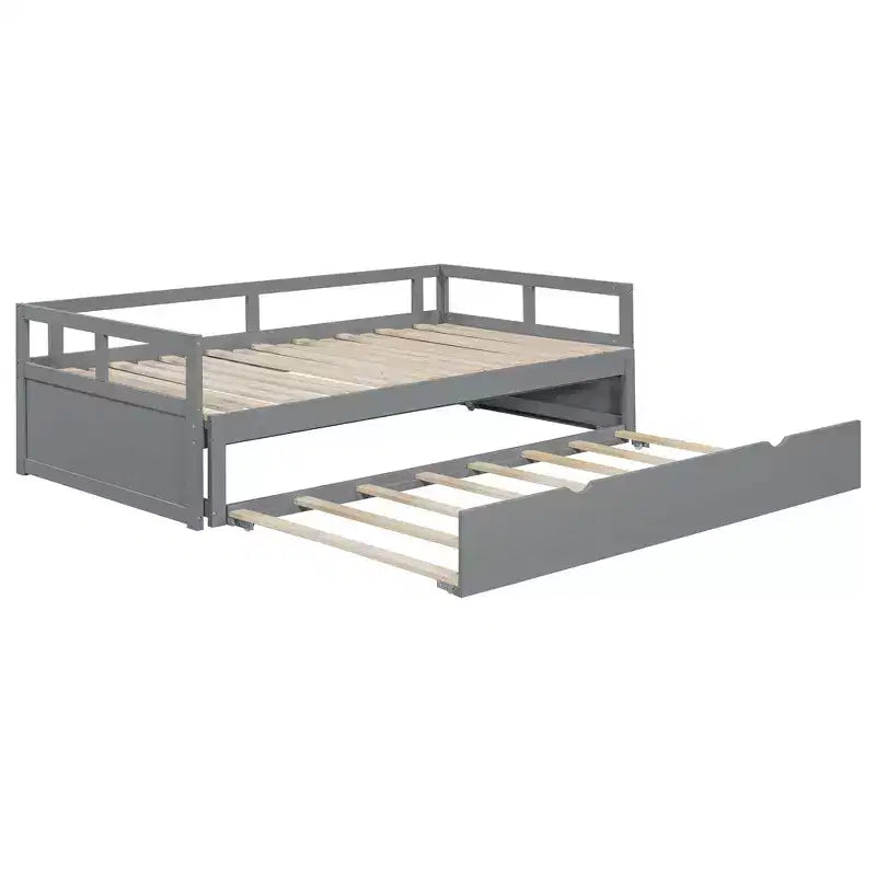 Okak Twin Size ausziehbares Design-Tagesbett mit Bettkasten/Schubladen & Sicherheitsgitter, Massivholz-Plattformbettgestell für Teenager, Erwachsene