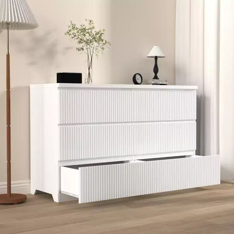 6-Schubladen-Kommode fürs Schlafzimmer, 47W geriffelte Kommode, hölzerne Kommode und TV-Ständer, Aufbewahrungsorganizer für Kleidung fürs Schlafzimmer, den Flur oder den Eingangsbereich