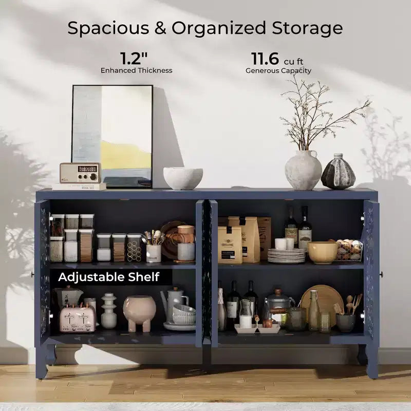 Buffetschrank mit Stauraum, rustikaler Aufbewahrungsschrank mit 4 geschnitzten Türen und verstellbarem Einlegeboden, Sideboard aus Holz als Akzentmöbel