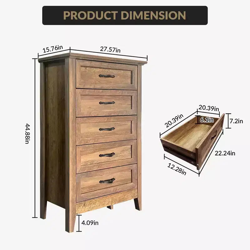 Kommode im Landhausstil, rustikale Holzkommode mit 5 Schubladen für den Kleiderschrank, hoher Schubladenschrank mit Metallgriffen