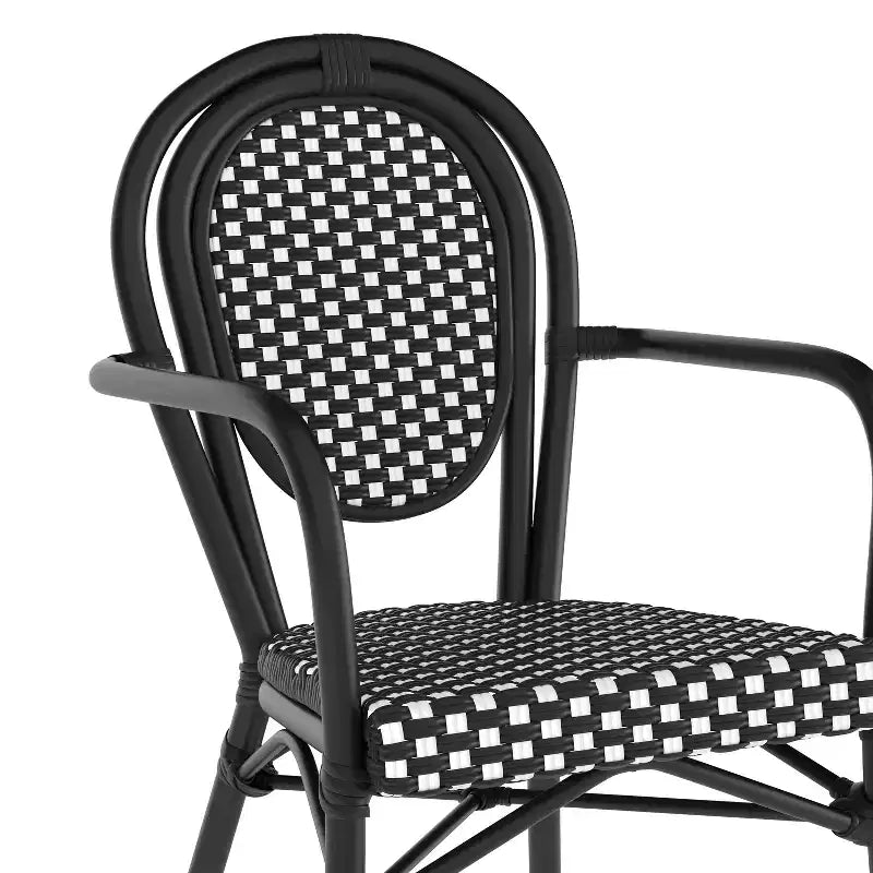 Flash Furniture 4er-Set Lourdes Indoor/Outdoor Gastro-Bistro-Stapelstuhl mit Armlehnen im Thonet-Stil, PE-Rattan und Aluminiumgestell