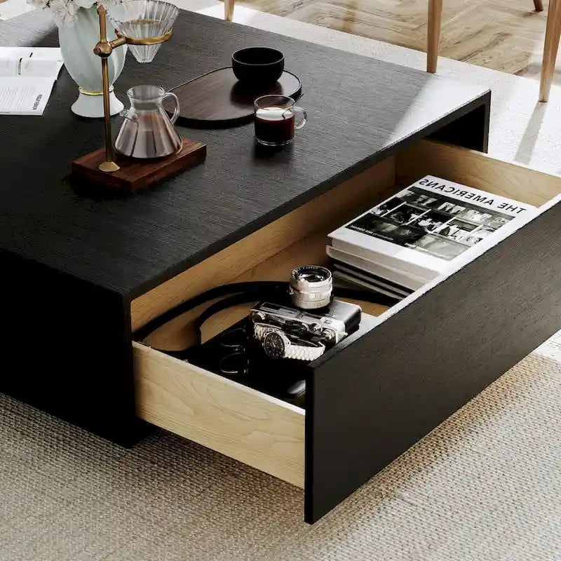 Mid-Century Modern Couchtisch, minimalistischer Couchtisch aus Holzfurnier mit Stauraum für das Wohnzimmer, komplett montiert