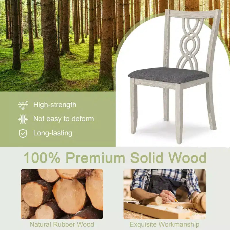 VECELO Rustikale Esszimmerstühle aus Holz, Küchenstühle aus Kautschukholz mit gepolsterter Sitzfläche und eleganter, durchbrochener Rückenlehne, Grau