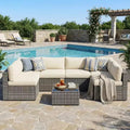 7-teiliges Outdoor-Gartenmöbel-Set, Geflochtene Lounge-Garnituren mit Auflagen und Couchtisch, Modulares Outdoor-Ecksofa