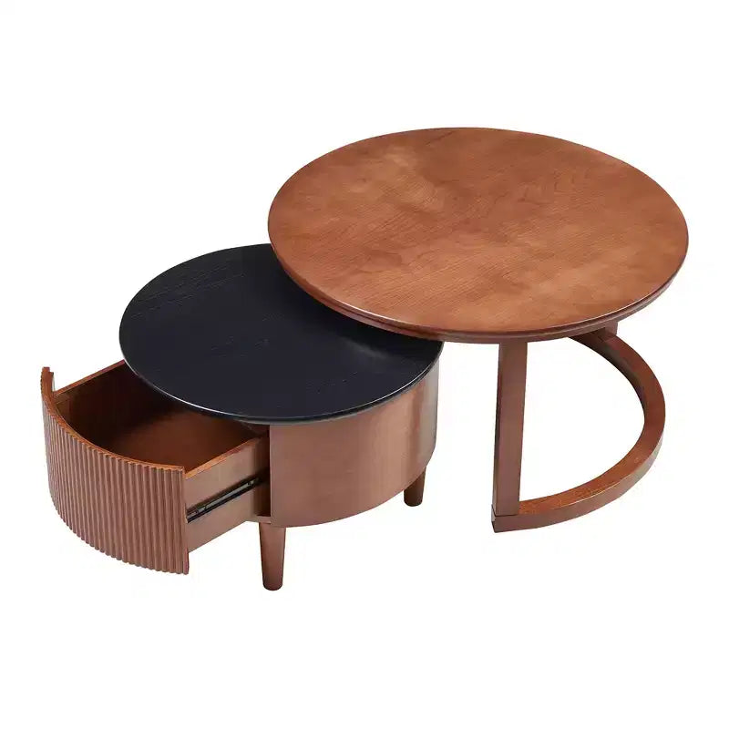 Moderner Couchtisch in Nesting-Bauweise mit Schublade, runder Wohnzimmertisch mit Stauraum