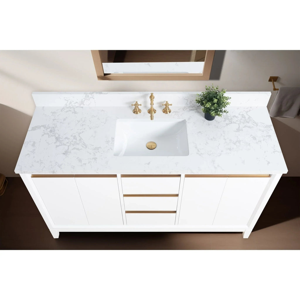 Vanity Art Badezimmerschrank mit Keramikwaschbecken und Platte aus technischem Marmor