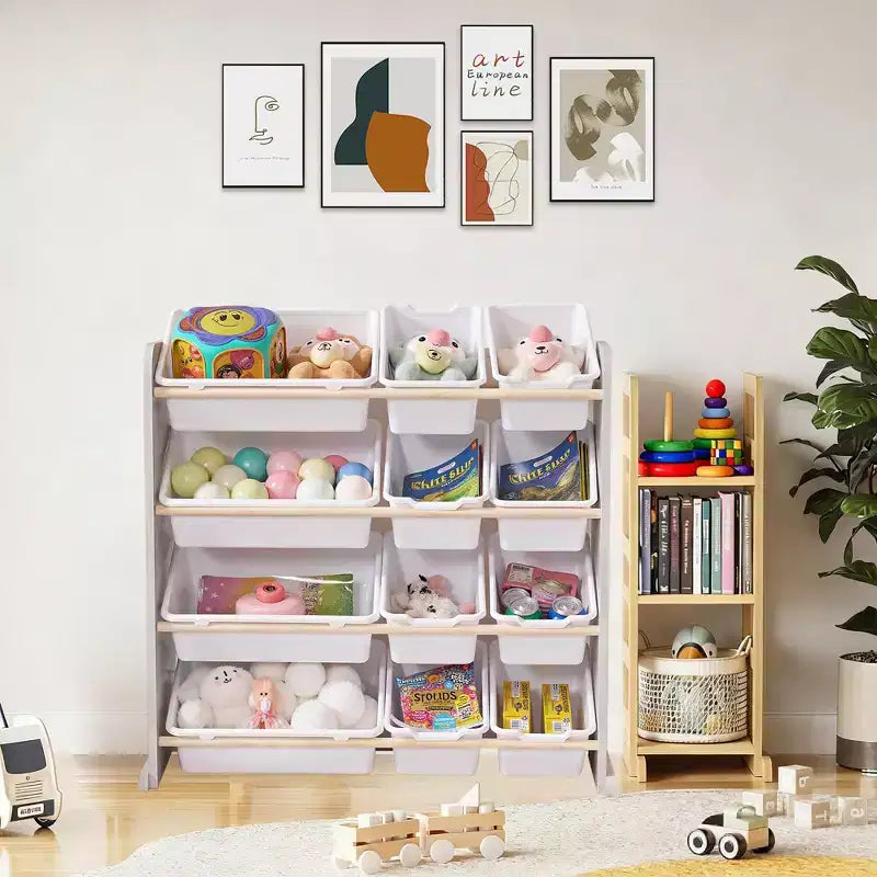 VECELO Kinder-Bücherregal mit Spielzeugaufbewahrung und 12 Körben, Spielzeugregal aus Holz für Kleinkinder, geräumige Spielzimmeraufbewahrung für Bücher oder Spielzeug
