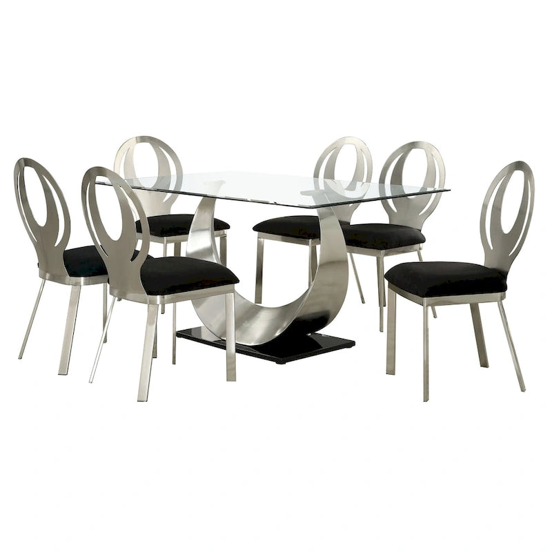 Heer Modern 7-teiliges Esszimmer-Set aus schwarzem Stahl mit U-förmigem Sockel von Furniture of America