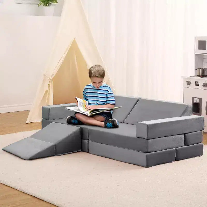 Indoor-Klettersofa, 12-teilige modulare Spielcouch mit quadratischem Bällebad & Kletterrampe, Kissen-Spielset