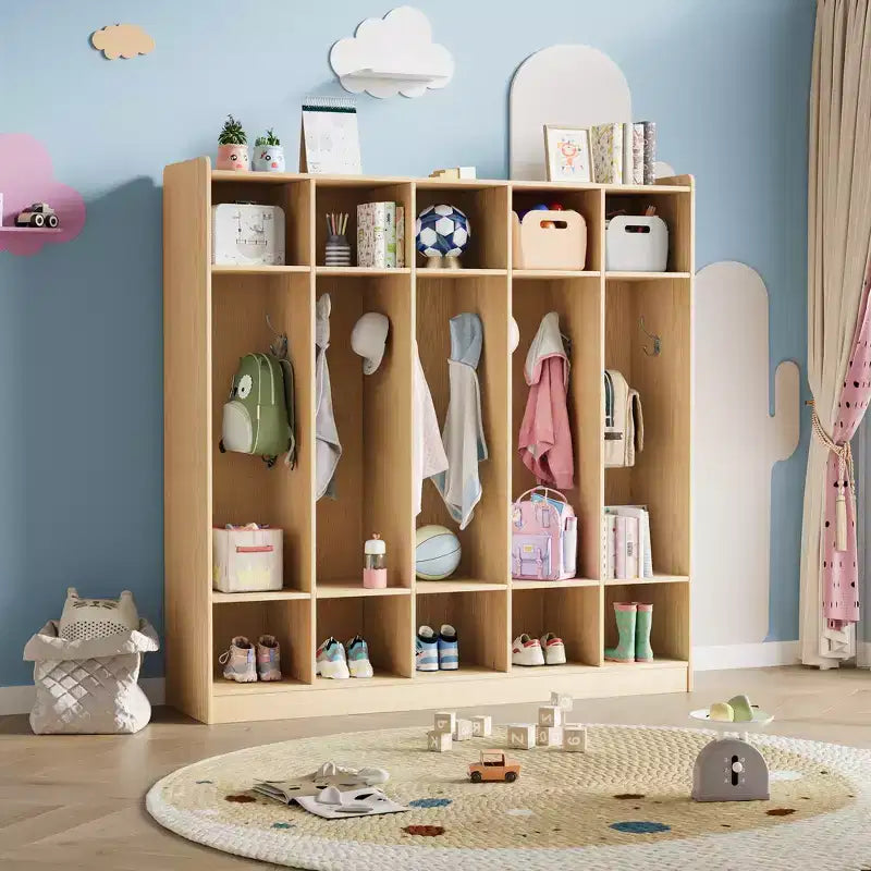 Garderoben-Organizer für Kinder mit 10 Fächern & Haken, 5-teiliges Aufbewahrungssystem für Klassenzimmer, Kinderzimmer, Flur oder Spielzimmer, Eiche Natur