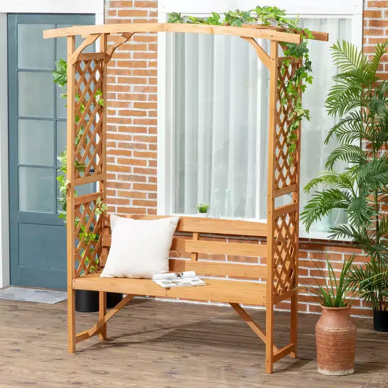 Outsunny Gartenbank mit Pergola-Bogen und 2 Rankgittern, 3-Sitzer Gartenbank aus Holz für Kletterpflanzen und Weinreben