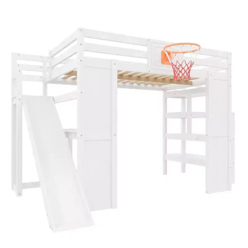 Luxystar Komplettes Hochbett aus Holz mit Schreibtisch, Rutsche, Basketballkorb und Aufbewahrungstreppe für Kinder und Jugendliche