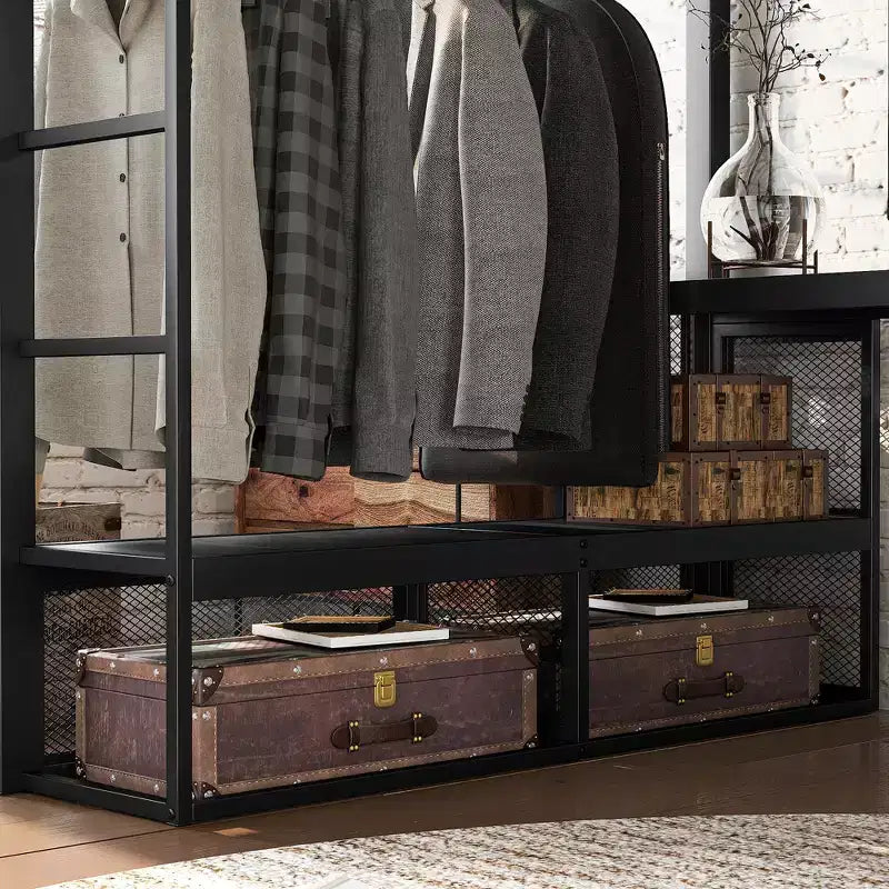Bellemave Queensize-Metallhochbett mit Schreibtisch, Ablagefächern und Kleiderstange, platzsparendes Hochbettgestell mit Schutzgittern und Leiter, kein Lattenrost erforderlich, Schwarz