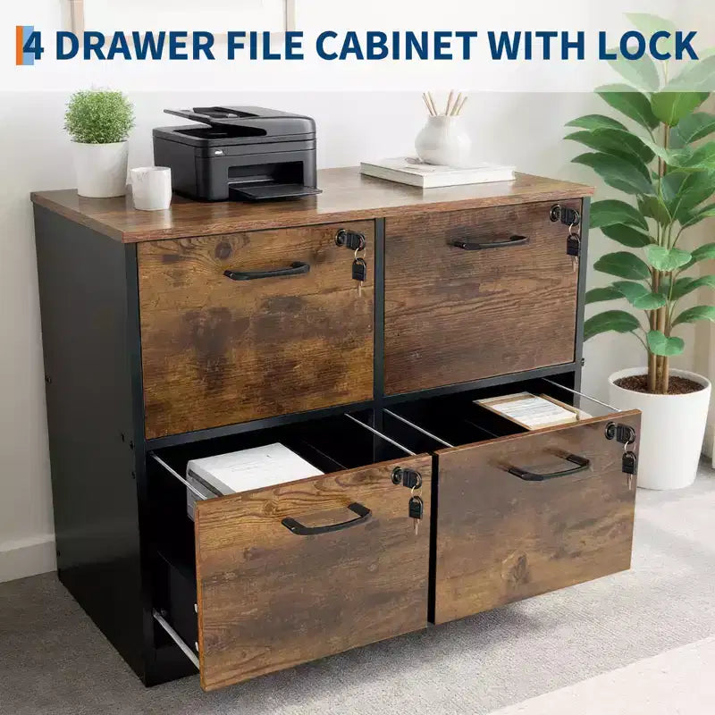 4-Schubladen-Aktenschrank mit Schloss, Druckerständer, Holz-Aktenschränke fürs Homeoffice, Aufbewahrungsorganizer mit verstellbarer Hängeleiste