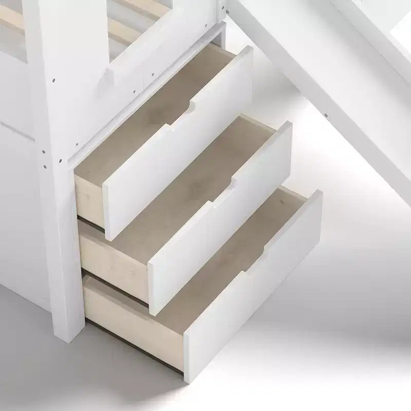 Einzel-Hochbett mit 3 Schubladen und Treppenregal, Hausbett-Gestell aus Holz mit Rutsche und herausziehbarem Schreibtisch