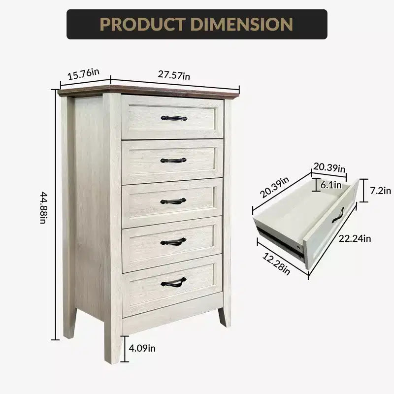 Kommode im Landhausstil, rustikale Holzkommode mit 5 Schubladen für den Kleiderschrank, hoher Schubladenschrank mit Metallgriffen