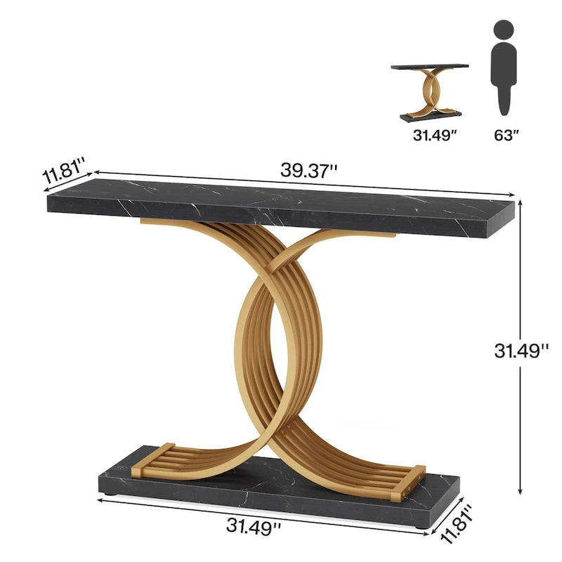 Schwarzer/goldener moderner Konsolentisch mit Marmoroptik-Tischplatte, 99 cm breiter Holztisch für den Eingangsbereich mit geometrischen Metallbeinen