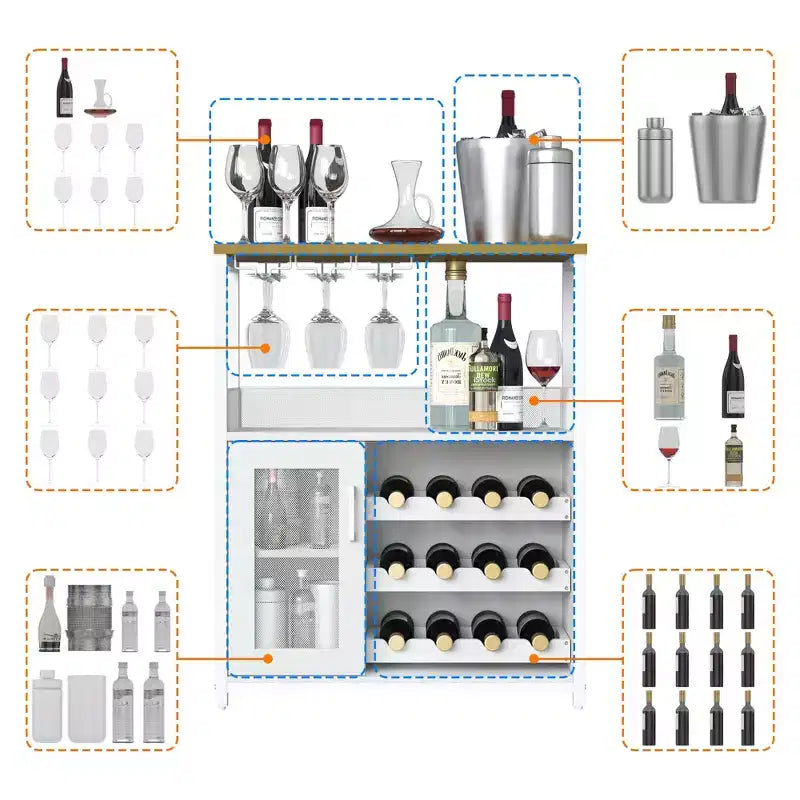 Grauer 3-stöckiger industrieller Weinbarschrank (12+ Flaschen), 91,4 H x 61 B x 38,1 T cm, abnehmbares Regal, 9 Glashalter & verstellbare Einlegeböden für Zuhause/Bar