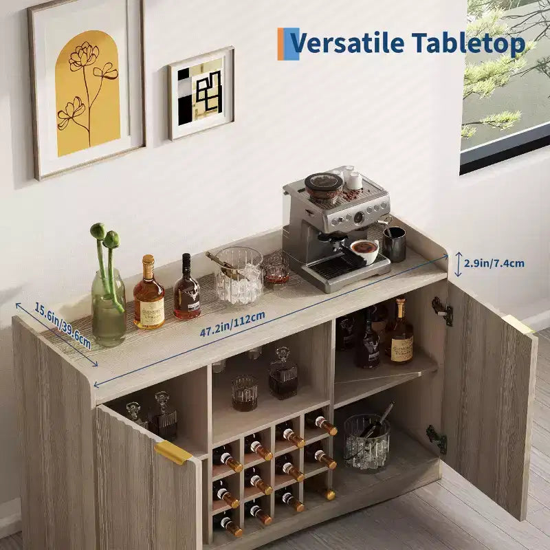 47 Moderner Weinschrank mit 9 Glashaltern, 12 Weinregalen, geriffeltem Design, 2 Türen, Buffet-Sideboard-Aufbewahrung für Ess- & Wohnzimmer
