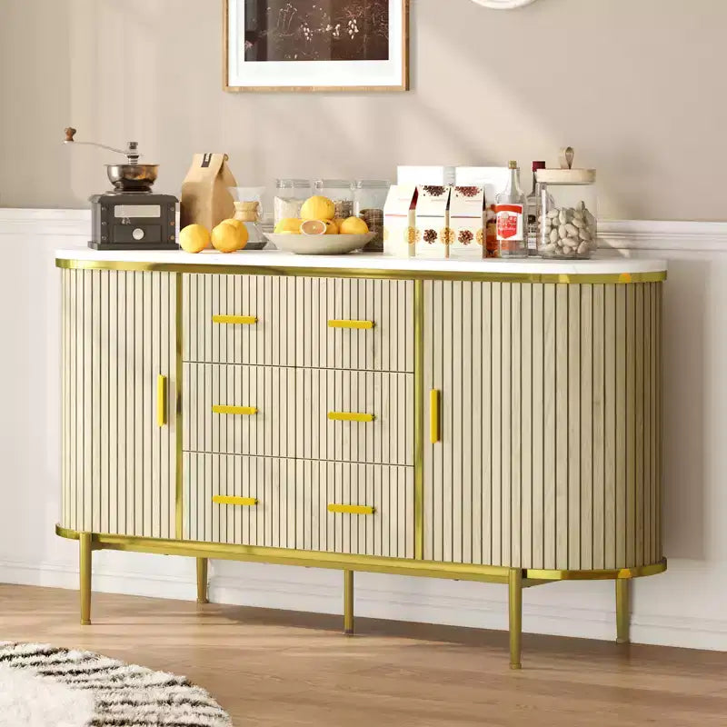 59-Zoll-Sideboard im Landhausstil mit geriffelter Front, TV-Lowboard mit 6 Schubladen und 2 Schiebetüren, vielseitiger Aufbewahrungsschrank fürs Wohnzimmer