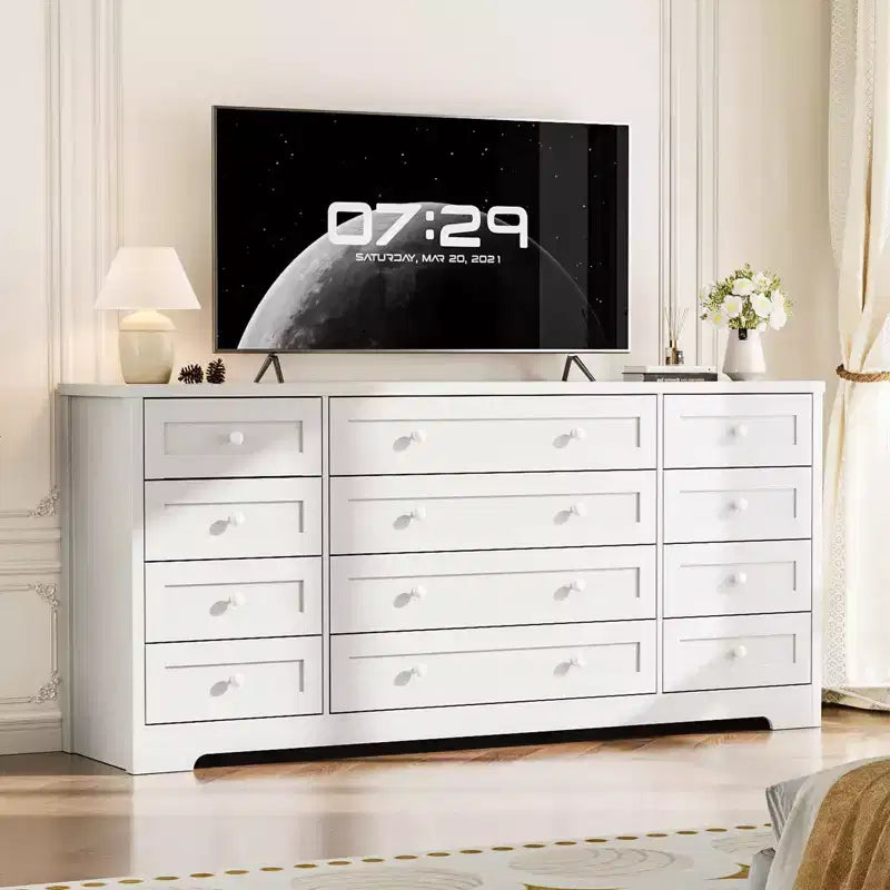 Kommode mit 12 Schubladen für das Schlafzimmer, aus Holz, moderner breiter TV-Ständer für 65-Zoll-Fernseher, Holz-Schubladenkommode, Landhausstil-Kleiderschrank für das Wohnzimmer