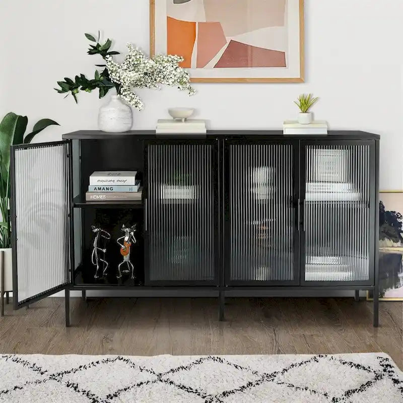 Stilvoller 4-türiger Vitrinenschrank aus gehärtetem Glas, 4 Glastüren, verstellbares Einlegeboden