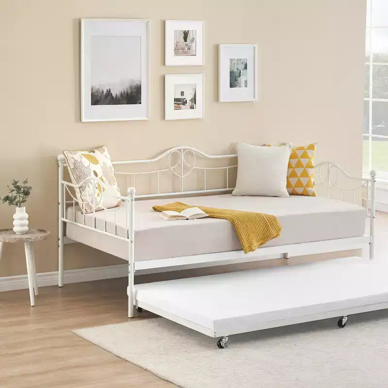 Tagesbett mit Ausziehbett, Metall-Tagesbett mit Gästebett, Tagesbett mit Ausziehbarem Bettrahmen, Sofa mit Stahl-Lattenrost für Kinder, Jugendliche und Erwachsene