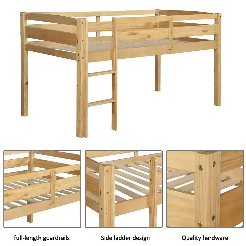 Luxystar Hochbett aus Massivholz in Twin-Size mit Leiter und Absturzsicherung für das Kinderzimmer