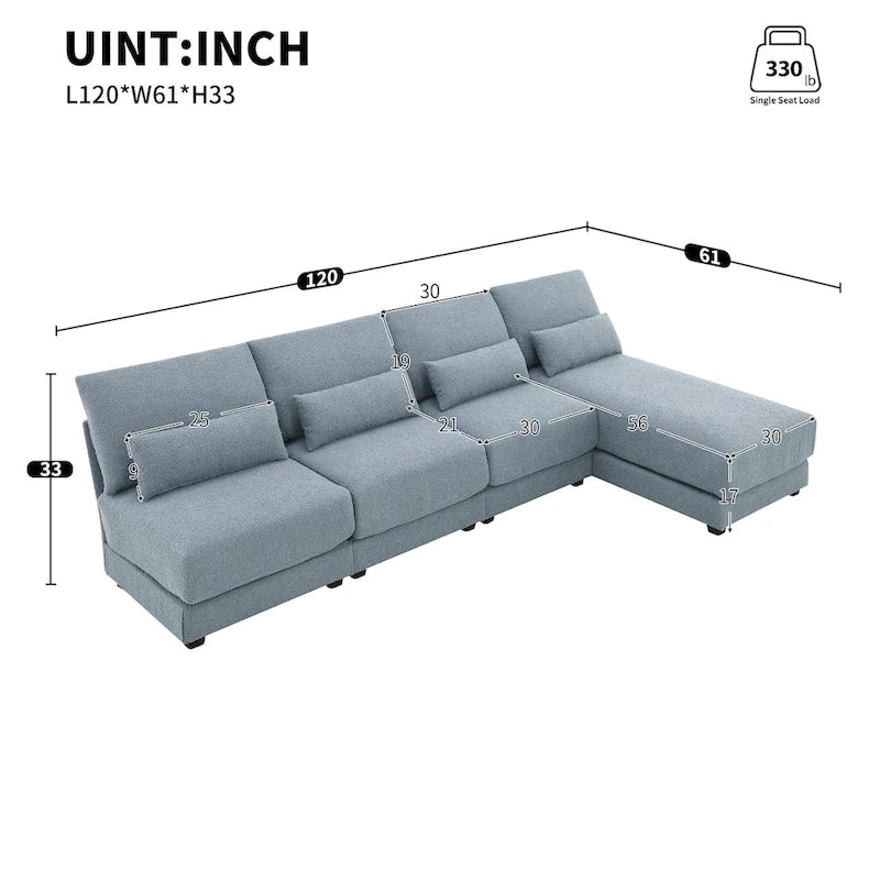 Übergroßes tiefes Ecksofa mit umkehrbarer Ottomane, umstellbares L-förmiges Sofa, Blau