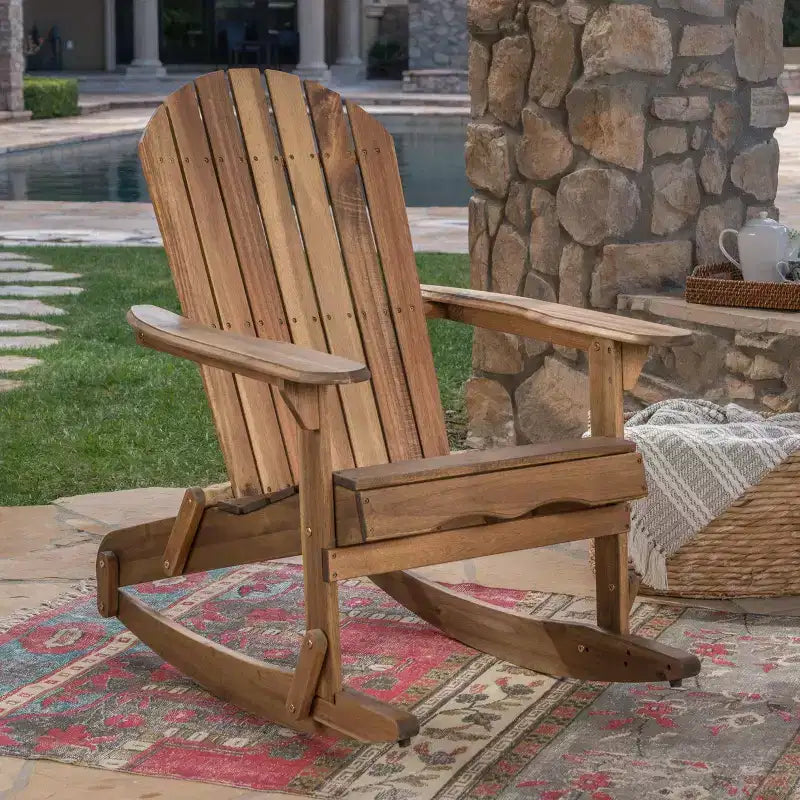 Okak Rustikaler Adirondack-Schaukelstuhl, Premium Akazienholz-Akzentstuhl, 1 Stk., Outdoor-Relaxsessel für Veranda, Garten & Hinterhof, Natur