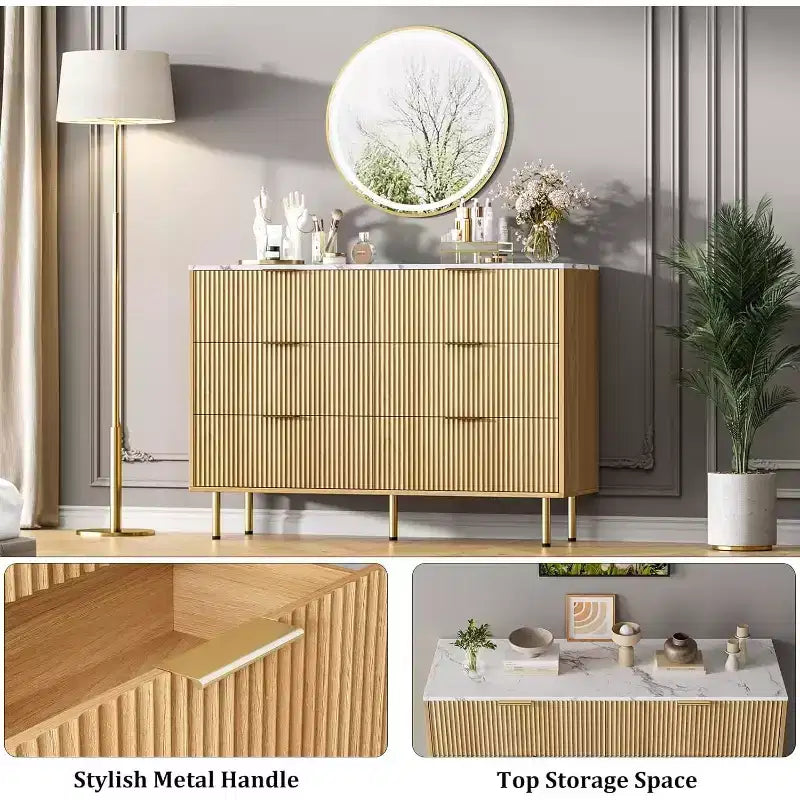 COZONY 6-Schubladen-Kommode mit geriffeltem Design, moderner Holz-Aufbewahrungsschrank, breite Schubladenkommode für Schlafzimmer, Wohnzimmer und Eingangsbereich