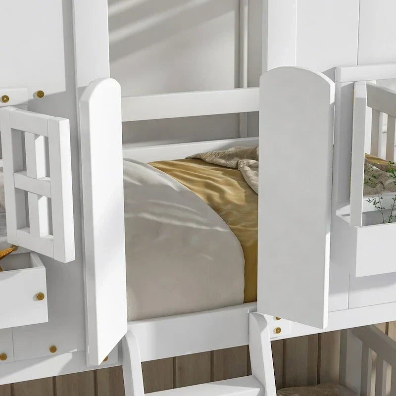 Etagenbett „Haus“ für zwei, mit Dach, Fenster, Blumenkasten und Tür, inklusive Sicherheitsgeländern und Leiter, Grau
