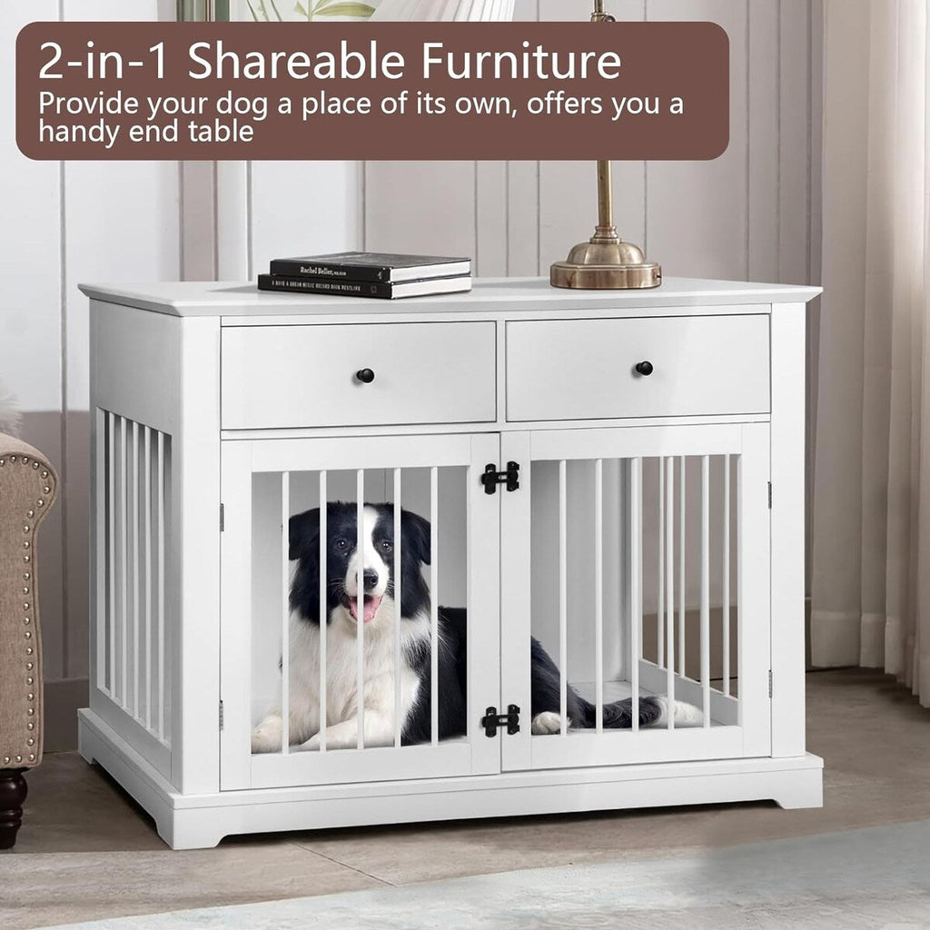 BOSSIN Hundekäfig-Möbel für große Hunde, 112 cm, Hundehütte aus Holz als Beistelltisch mit Schubladen, dekorative Hundeboxen- und Hundehütten-Optik