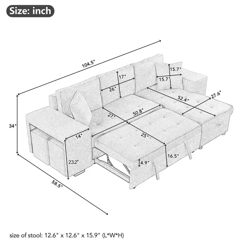 104,5 Zoll L-förmige Schlafcouchgarnitur mit Stauraum-Chaiselongue und 2 Hockern – 3-Sitzer-Schlafsofa mit Schlaffunktion für das Wohnzimmer