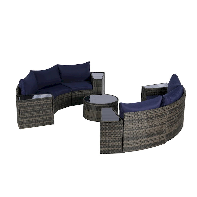 11-teiliges modulares Outdoor-Sofa-Set mit halbrunden Elementen, Couchtisch aus gehärtetem Glas und 4 Beistelltischen