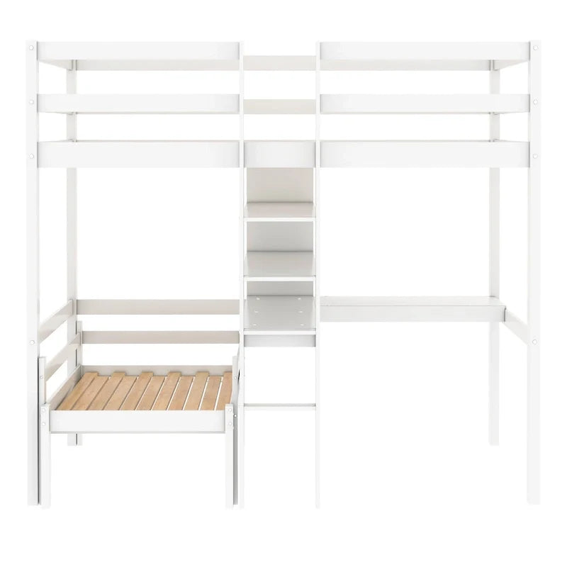 Umbaubares Hochbett mit L-förmigem Schreibtisch, Etagenbett (Twin) mit Regalen und Leiter, Weiß