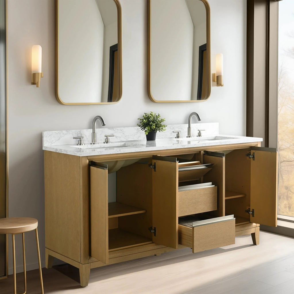 Vanity Art Badezimmerschrank mit Keramikwaschbecken und Platte aus technischem Marmor
