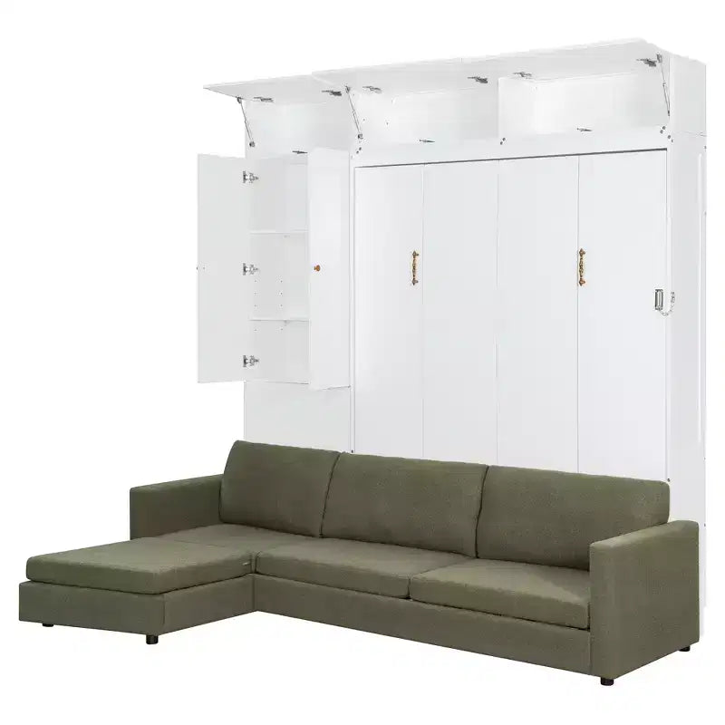 Schrankbett in Queen-Size mit Sofa und Schrank, hölzernes Queen-Size-Schrankbett als Wandbett mit Regalen, klappbares Wand-Schrankbett für Gästezimmer und Büro