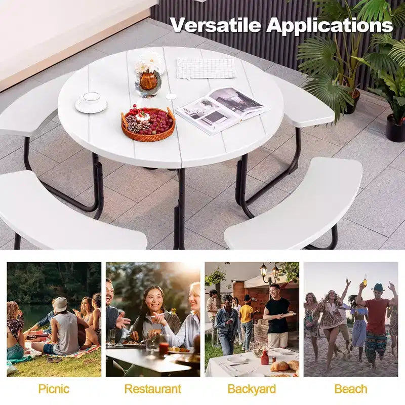 Costway Outdoor 8-Personen-Rund-Picknicktisch-Bank-Set mit 4 Bänken & Sonnenschirmloch Schwarz/Grau/Grün/Weiß