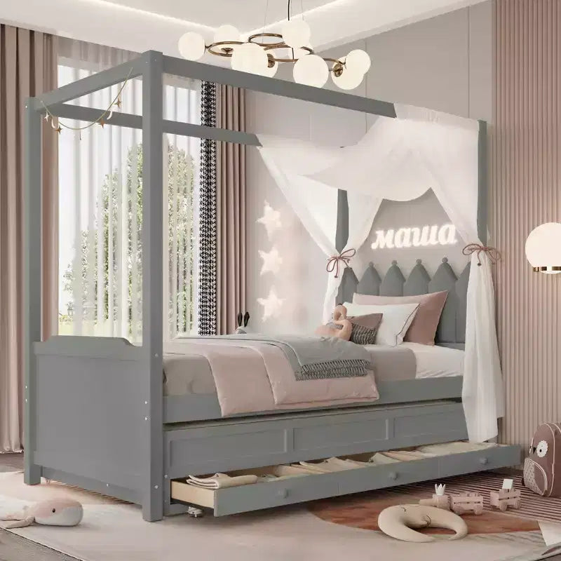 Doppel-/Einzelbett-Plattformbett mit Ausziehbett, Prinzessinnen-Himmelbett aus Holz mit 3 Schubladen, Stauraumbett mit gepolstertem Kopfteil für das Schlafzimmer