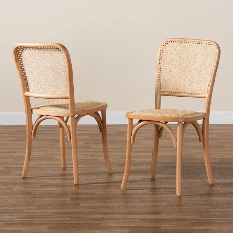 Neah Mid-Century Modern 2er-Set Esszimmerstühle aus geflochtenem Rattan und Holz