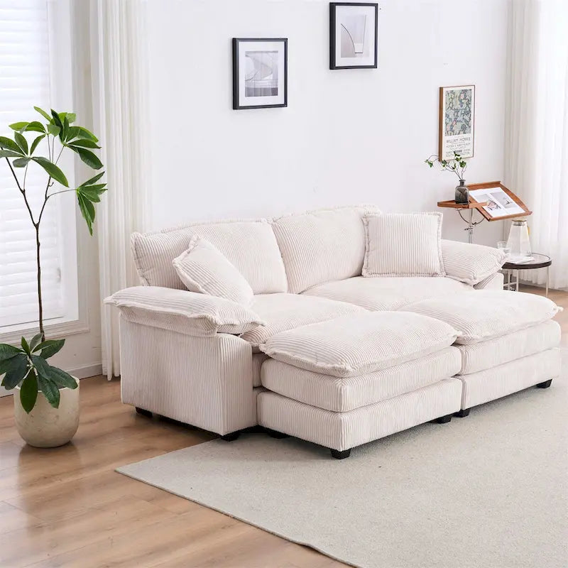 Modernes 2-Sitzer-Sofa aus Cord mit 4 Stützkissen und 2 Hockern