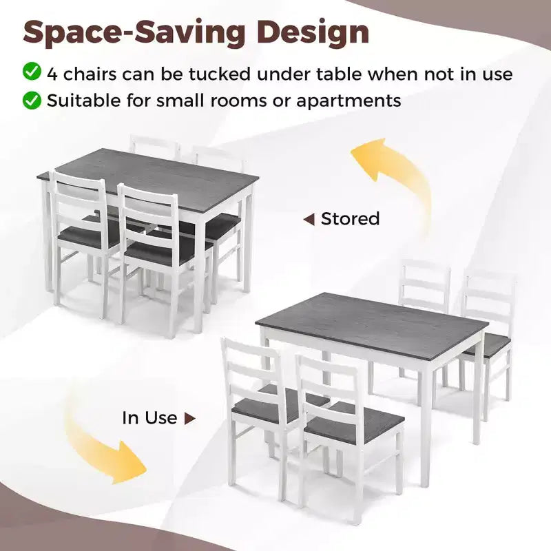 Costway 5-teiliges Esszimmer-Set Massivholz Küchenmöbel mit rechteckigem Tisch & 4 Stühlen Natur/Kaffee/Grau
