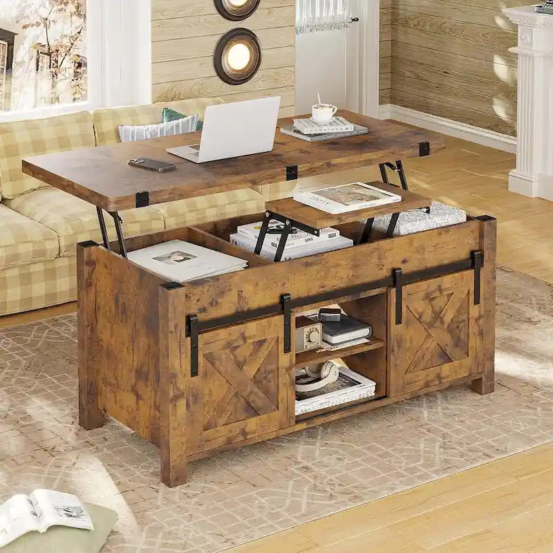 Couchtisch mit Hubplatte, 2 Schiebetüren im Scheunentor-Design und Stauraum, Esstisch