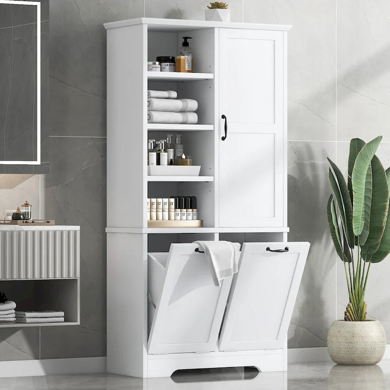 Badezimmerschrank mit Schubladen, kippbarem Wäschekorb, mehreren Ablagefächern, offenem Regal und verstellbarem Regalboden