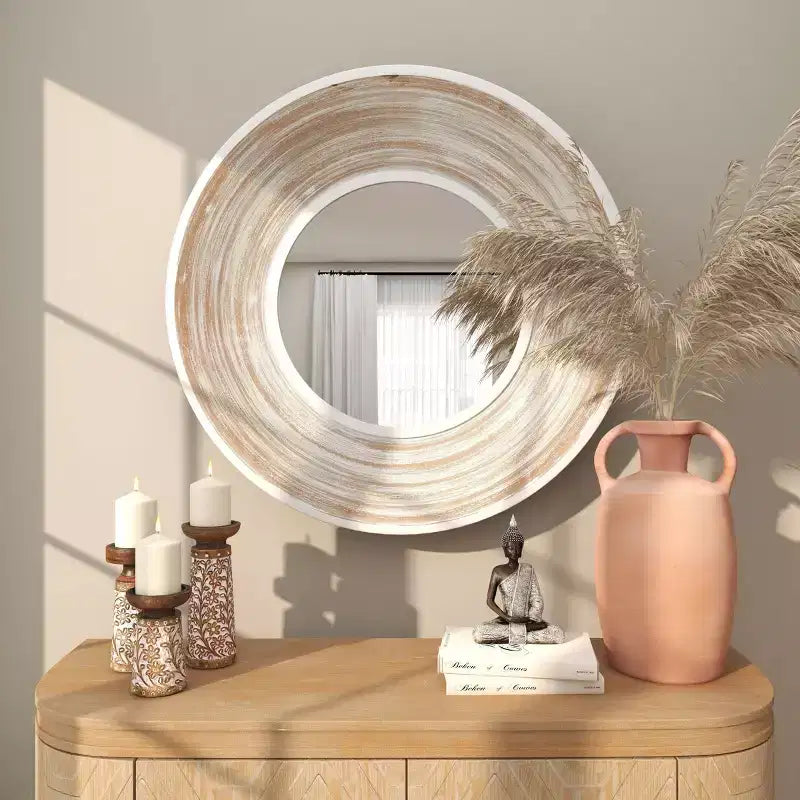 35x35 Wandspiegel aus Holz mit weiß gekalkter Optik in Creme – Olivia & May: Keine Montage erforderlich, MDF-Rahmen, für den Innenbereich