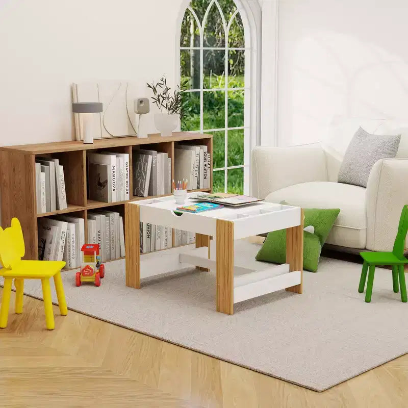 Kinder 2-in-1 Aktivitätstisch mit 7 Aufbewahrungsfächern - LEGO-kompatibler Baustein- & Whiteboard-Tisch, Weiß & Grün