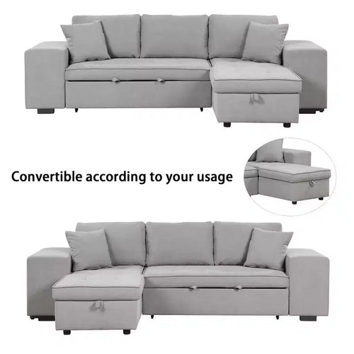 104,5 Zoll L-förmige Schlafcouchgarnitur mit Stauraum-Chaiselongue und 2 Hockern – 3-Sitzer-Schlafsofa mit Schlaffunktion für das Wohnzimmer