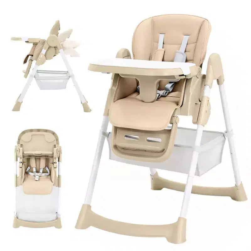 Zusammenklappbarer Hochstuhl für Babys und Kleinkinder, Hochstuhl aus PU-Leder mit verstellbarer Rückenlehne und Sitzhöhe, abnehmbarem Tablett, 5-Punkt-Sicherheitsgurt und feststellbaren Rollen